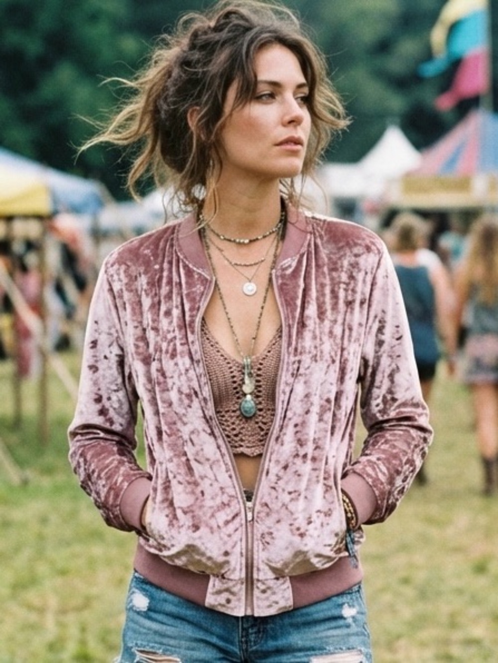Louise Paris Mauve Pink Crushed Velvet Full-Zip Bomber Jacket - EK